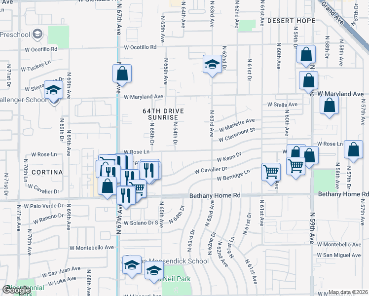 map of restaurants, bars, coffee shops, grocery stores, and more near 6240 North 63rd Avenue in Glendale