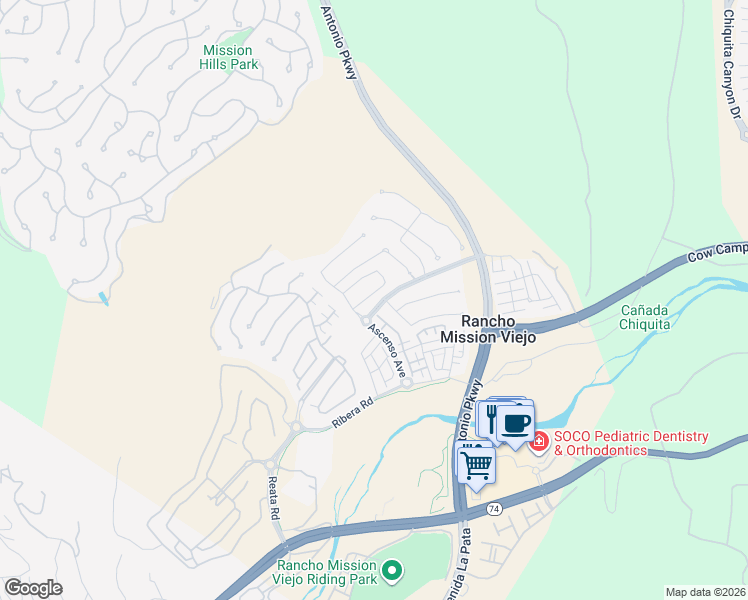 map of restaurants, bars, coffee shops, grocery stores, and more near 10 Alza Street in Mission Viejo