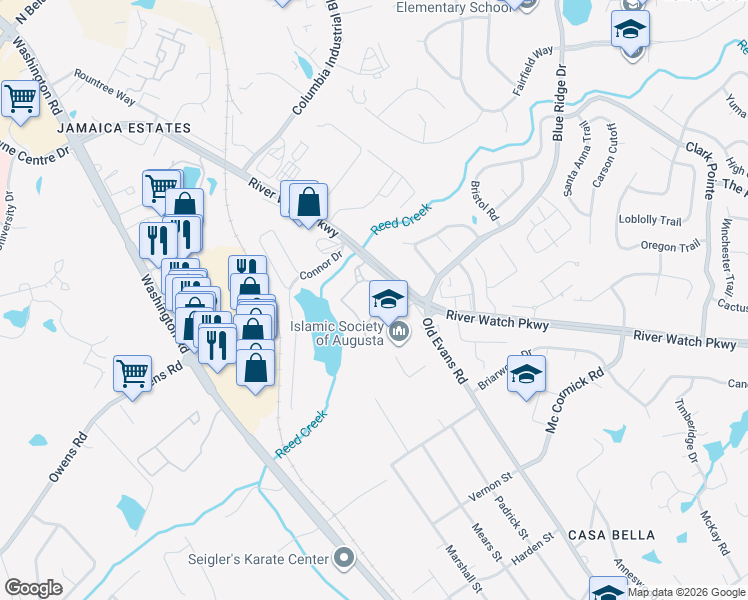 map of restaurants, bars, coffee shops, grocery stores, and more near 4300 River Watch Parkway in Martinez