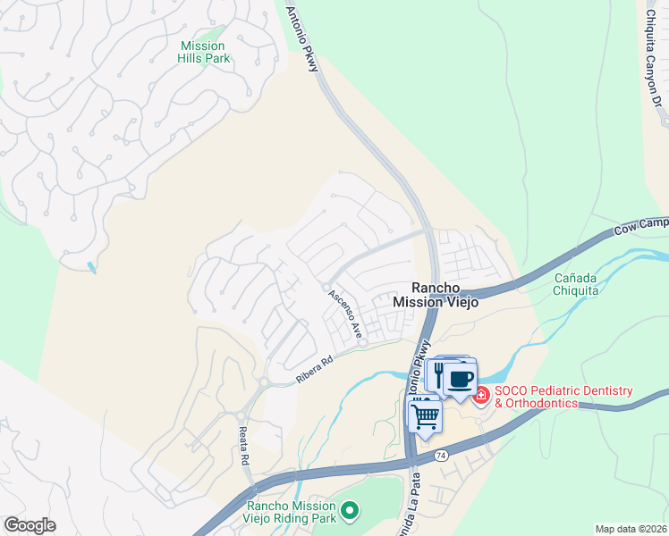 map of restaurants, bars, coffee shops, grocery stores, and more near 10 Alza Street in Mission Viejo