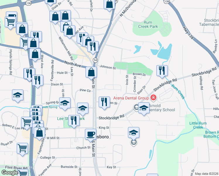 map of restaurants, bars, coffee shops, grocery stores, and more near 209 Wallis Street in Jonesboro