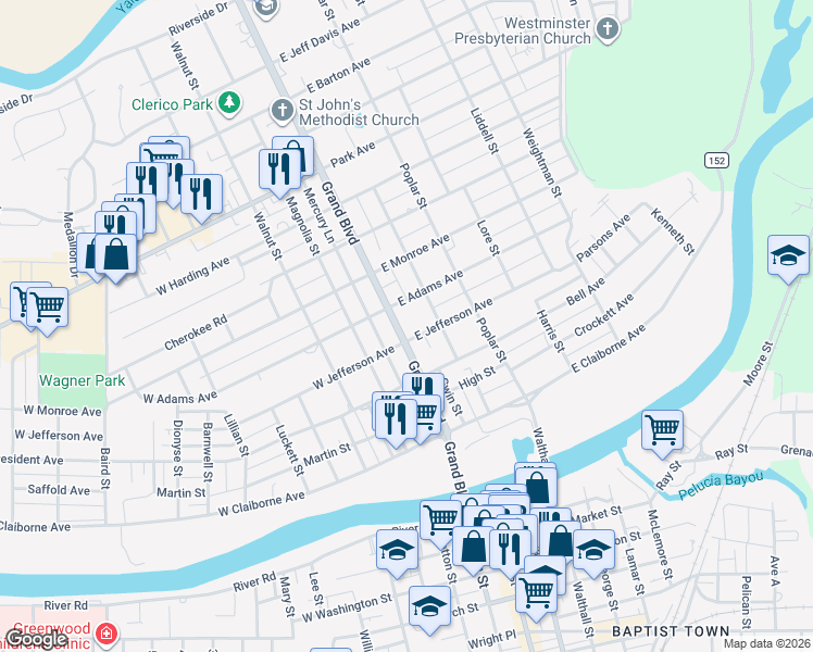 map of restaurants, bars, coffee shops, grocery stores, and more near 112 East Adams Avenue in Greenwood