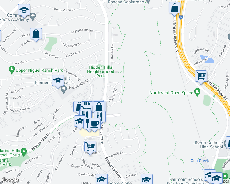 map of restaurants, bars, coffee shops, grocery stores, and more near 51 Crystal Cay in Laguna Niguel