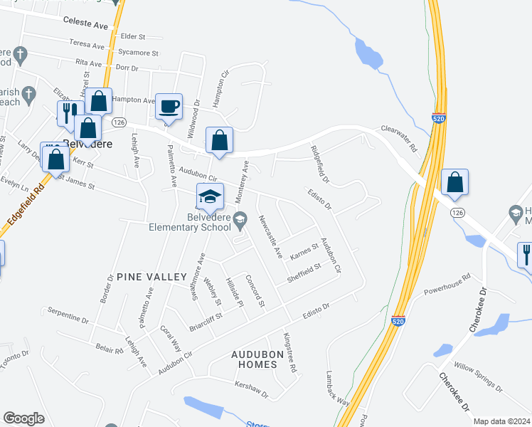 map of restaurants, bars, coffee shops, grocery stores, and more near 104 New Castle Avenue in North Augusta