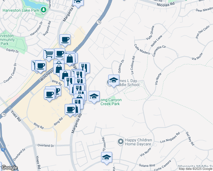 map of restaurants, bars, coffee shops, grocery stores, and more near 40775 Camino Campos Verde in Temecula