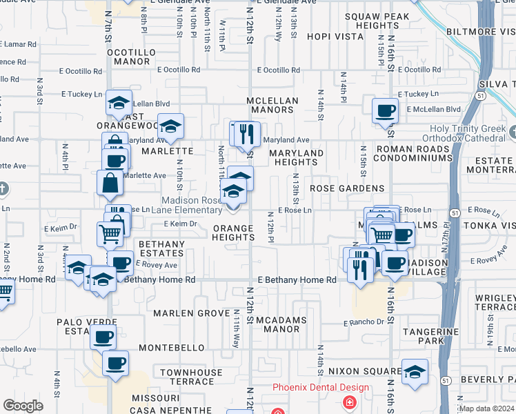map of restaurants, bars, coffee shops, grocery stores, and more near 6217 North 12th Street in Phoenix