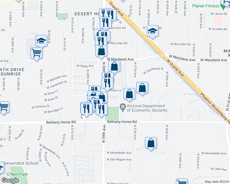 map of restaurants, bars, coffee shops, grocery stores, and more near 5828A West Rose Lane in Glendale
