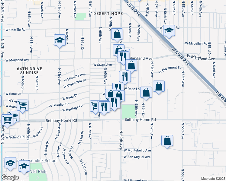 map of restaurants, bars, coffee shops, grocery stores, and more near 5947 West Rose Lane in Glendale