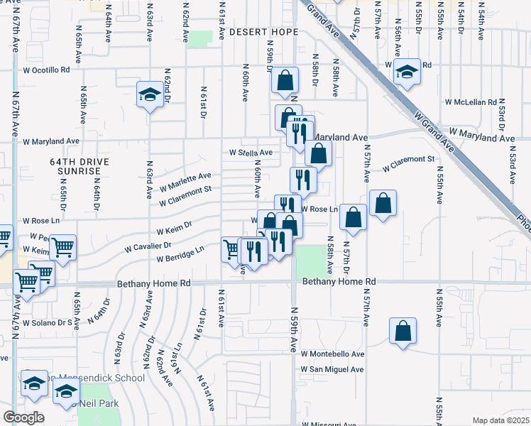 map of restaurants, bars, coffee shops, grocery stores, and more near 5947 West Rose Lane in Glendale