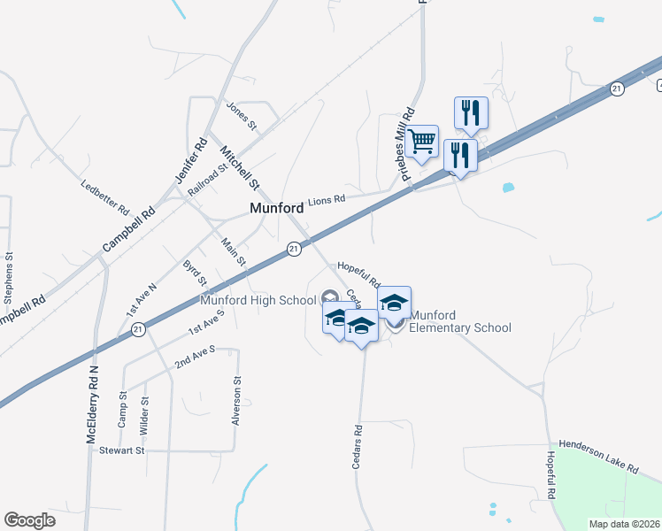 map of restaurants, bars, coffee shops, grocery stores, and more near 1-79 Cedars Rd in Munford