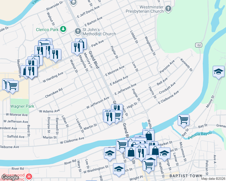 map of restaurants, bars, coffee shops, grocery stores, and more near 112 East Adams Avenue in Greenwood