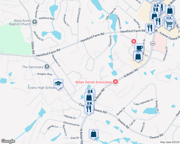 map of restaurants, bars, coffee shops, grocery stores, and more near 436 Connemara Trail in Evans