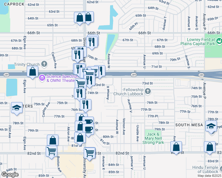 map of restaurants, bars, coffee shops, grocery stores, and more near 101 Avenue X in Lubbock