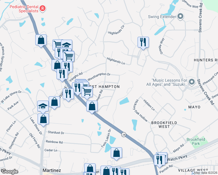 map of restaurants, bars, coffee shops, grocery stores, and more near 3591 Marlboro Street in Martinez