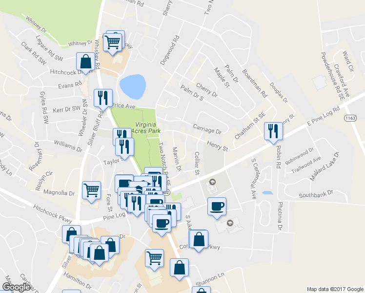 map of restaurants, bars, coffee shops, grocery stores, and more near 105 Clifton Street in Aiken