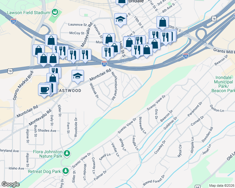 map of restaurants, bars, coffee shops, grocery stores, and more near 174 Trailer Lane in Irondale