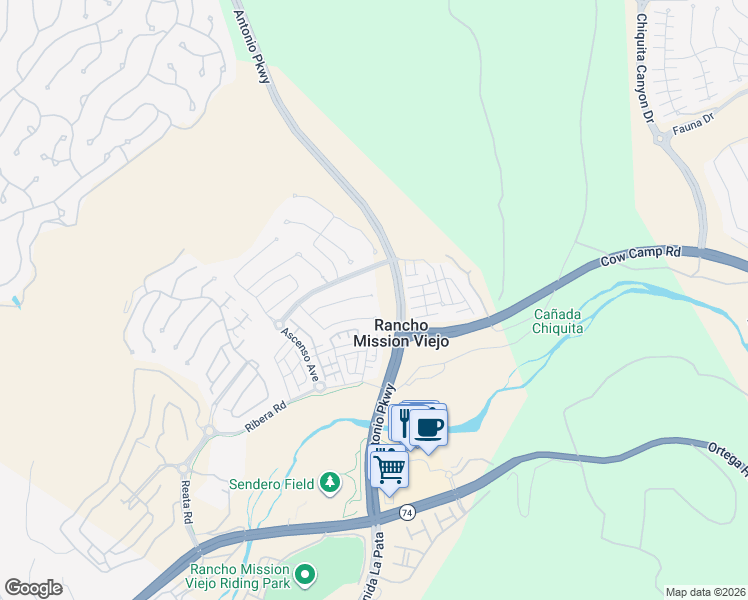 map of restaurants, bars, coffee shops, grocery stores, and more near 38 Rastro Street in Ladera Ranch