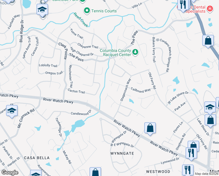 map of restaurants, bars, coffee shops, grocery stores, and more near 322 Sleepy Hollow Court in Augusta