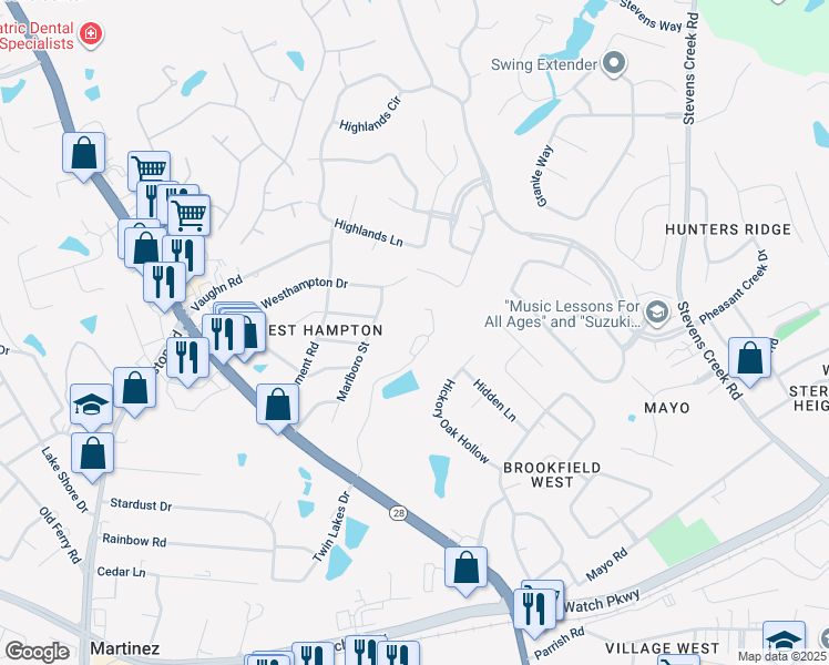 map of restaurants, bars, coffee shops, grocery stores, and more near 313 Furys Ferry Road in Martinez