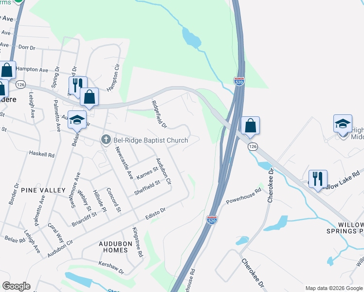 map of restaurants, bars, coffee shops, grocery stores, and more near 607 Ridgefield Drive in North Augusta