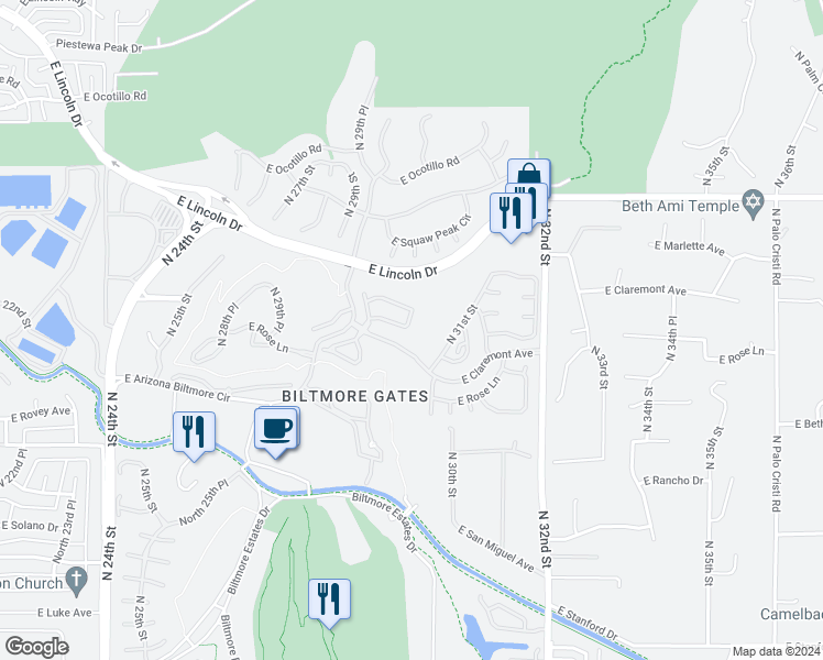 map of restaurants, bars, coffee shops, grocery stores, and more near 6305 North 30th Court in Phoenix