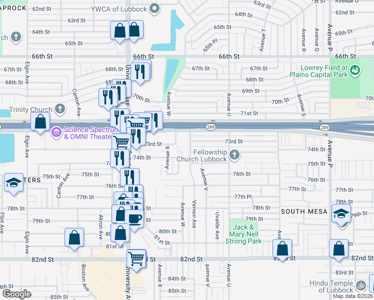 map of restaurants, bars, coffee shops, grocery stores, and more near 2131 73rd Street in Lubbock