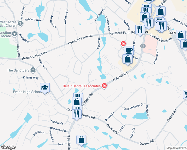 map of restaurants, bars, coffee shops, grocery stores, and more near 336 North Belair Road in Evans