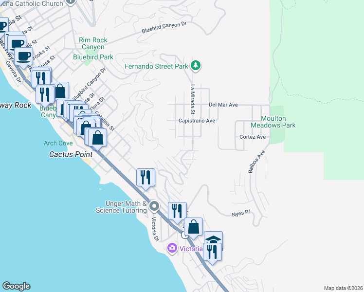map of restaurants, bars, coffee shops, grocery stores, and more near 805 Katella Street in Laguna Beach