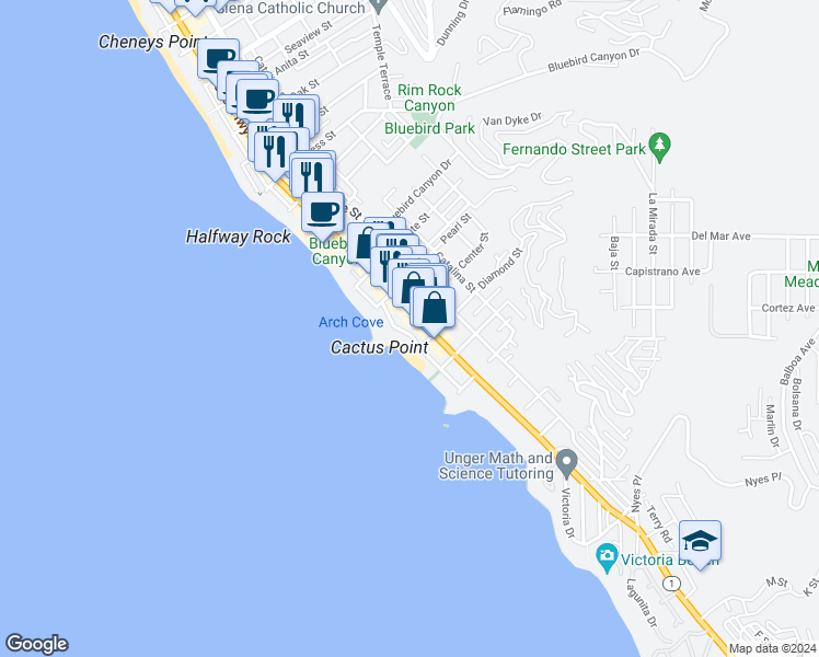 map of restaurants, bars, coffee shops, grocery stores, and more near 1944 Ocean Way in Laguna Beach