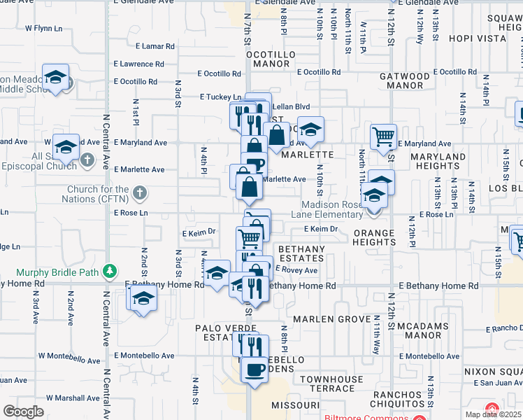 map of restaurants, bars, coffee shops, grocery stores, and more near 6224 North 7th Street in Phoenix