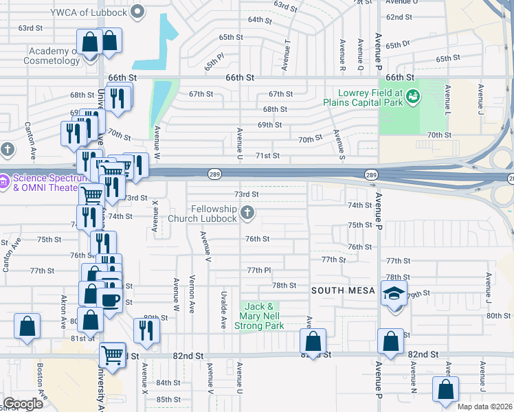 map of restaurants, bars, coffee shops, grocery stores, and more near 1929 73rd Street in Lubbock
