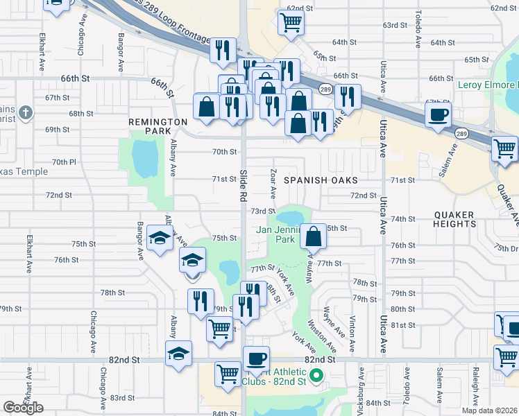 map of restaurants, bars, coffee shops, grocery stores, and more near 5113 72nd Street in Lubbock