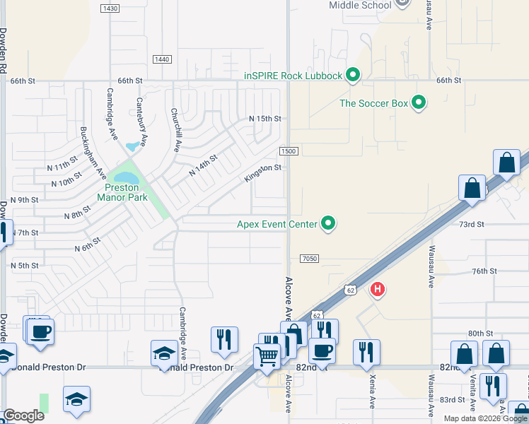 map of restaurants, bars, coffee shops, grocery stores, and more near 1222 Preston Trails in Wolfforth