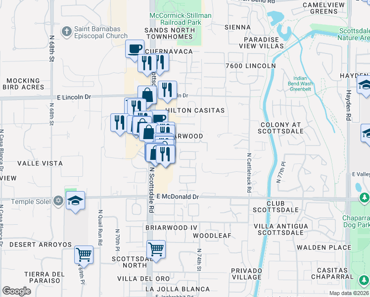 map of restaurants, bars, coffee shops, grocery stores, and more near 7343 East Claremont Street in Scottsdale