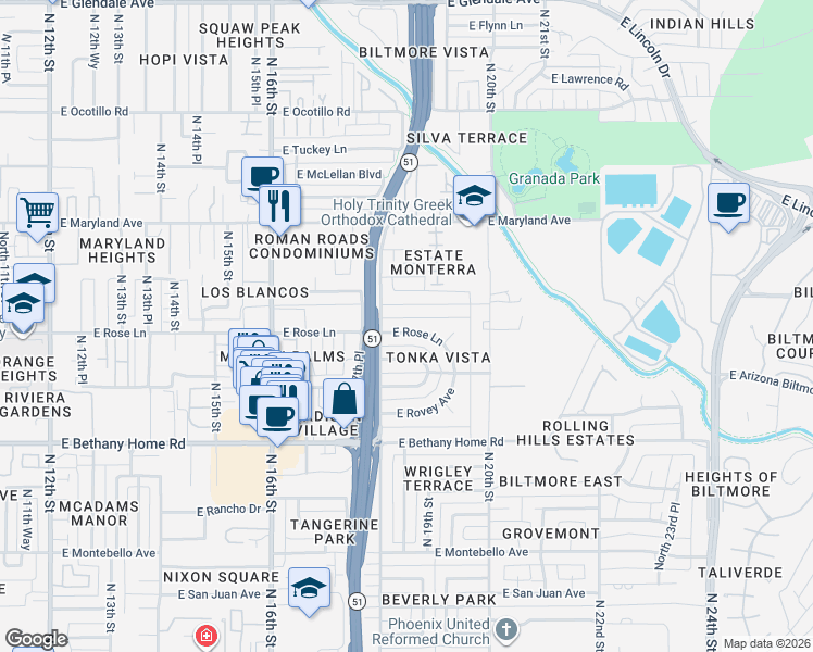 map of restaurants, bars, coffee shops, grocery stores, and more near 1811 East Claremont Street in Phoenix