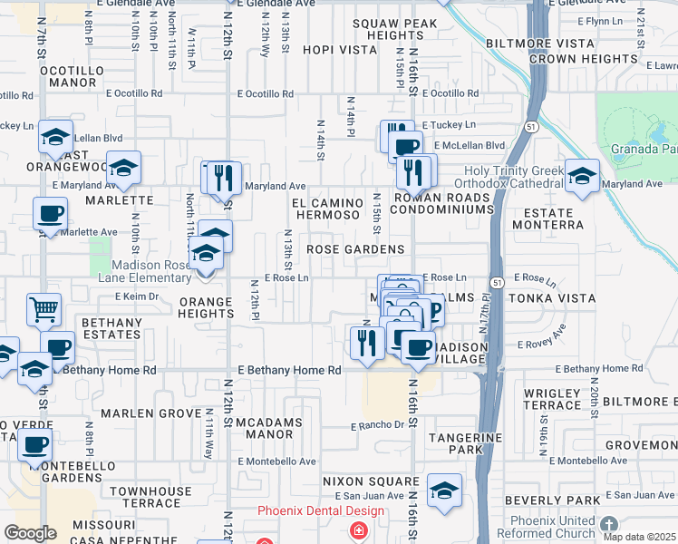 map of restaurants, bars, coffee shops, grocery stores, and more near 6214 North 14th Street in Phoenix