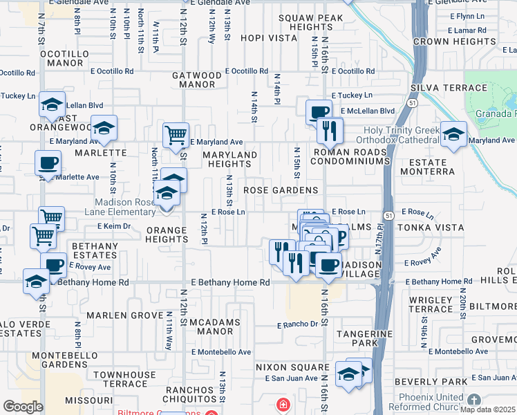 map of restaurants, bars, coffee shops, grocery stores, and more near 6214 North 14th Street in Phoenix