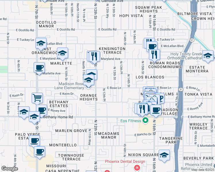 map of restaurants, bars, coffee shops, grocery stores, and more near 6212 North 12th Place in Phoenix