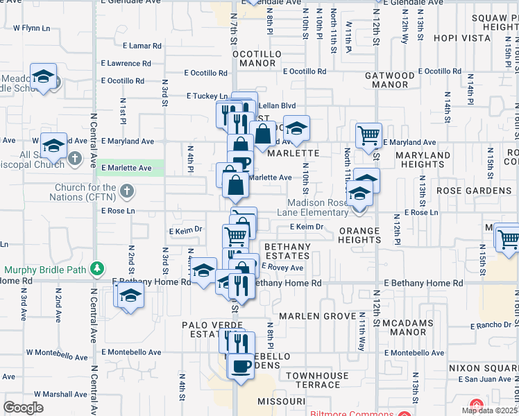 map of restaurants, bars, coffee shops, grocery stores, and more near 725 East Claremont Street in Phoenix