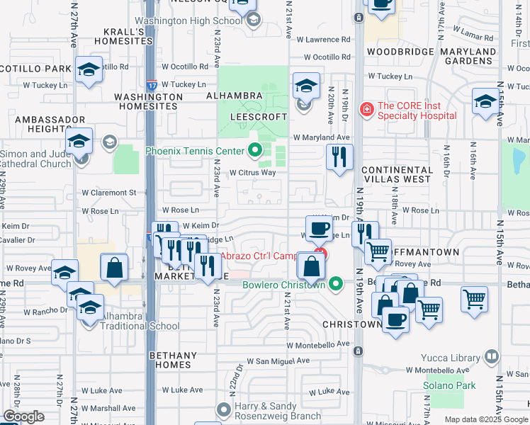 map of restaurants, bars, coffee shops, grocery stores, and more near 2118 West Claremont Street in Phoenix