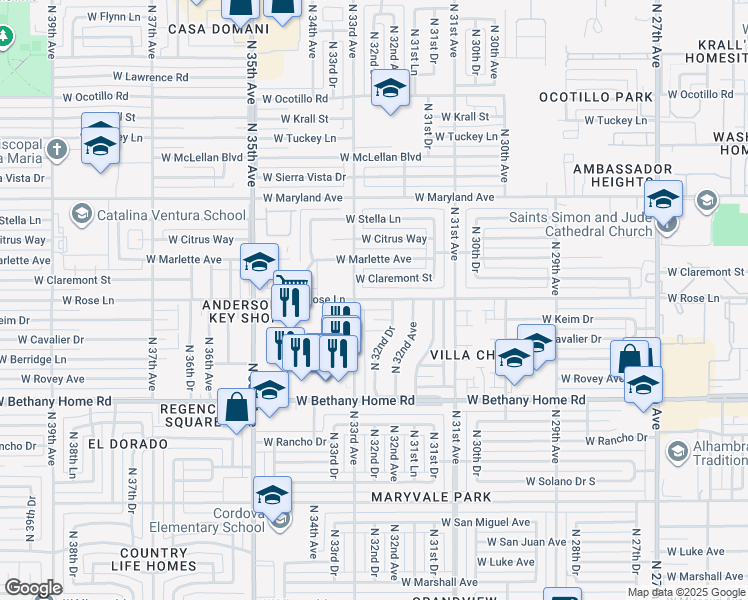 map of restaurants, bars, coffee shops, grocery stores, and more near 3243 West Claremont Street in Phoenix