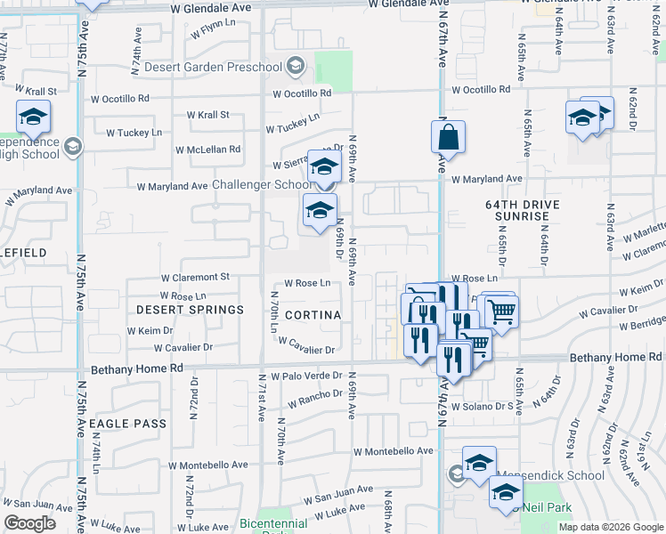 map of restaurants, bars, coffee shops, grocery stores, and more near 6308 North 69th Drive in Glendale