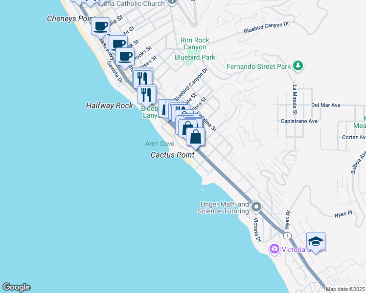 map of restaurants, bars, coffee shops, grocery stores, and more near 1873 South Coast Highway in Laguna Beach