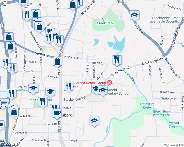 map of restaurants, bars, coffee shops, grocery stores, and more near 114 Crowder Street in Jonesboro
