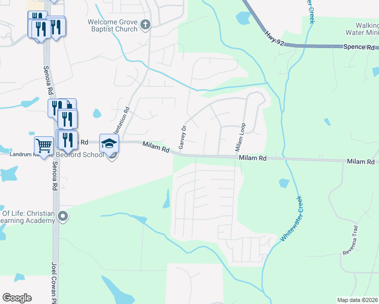 map of restaurants, bars, coffee shops, grocery stores, and more near 5455 Milam Road in Fairburn