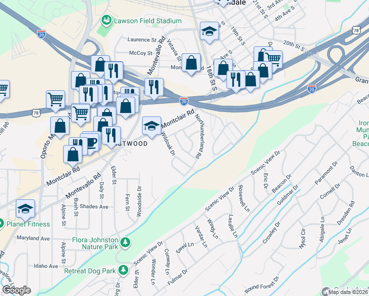 map of restaurants, bars, coffee shops, grocery stores, and more near 120 Briar Grove Drive in Irondale
