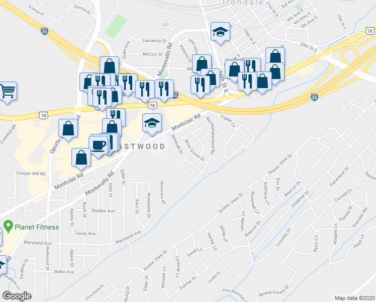 map of restaurants, bars, coffee shops, grocery stores, and more near 120 Briar Grove Drive in Irondale