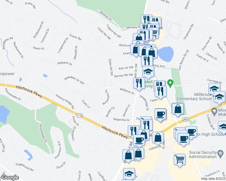 map of restaurants, bars, coffee shops, grocery stores, and more near 1019 Williams Drive in Aiken