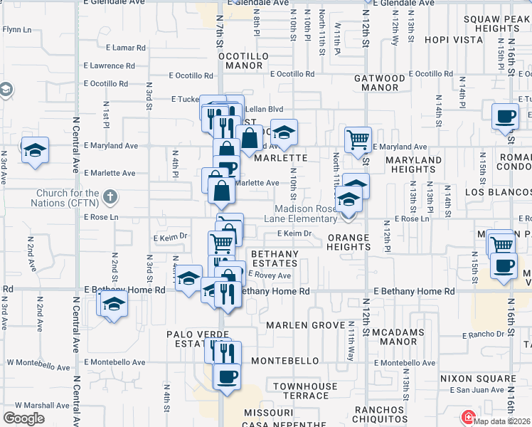 map of restaurants, bars, coffee shops, grocery stores, and more near 907 East Claremont Street in Phoenix