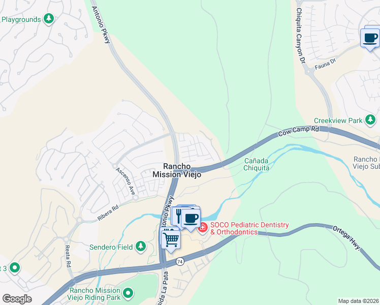 map of restaurants, bars, coffee shops, grocery stores, and more near 15 Adelfa Street in Ladera Ranch